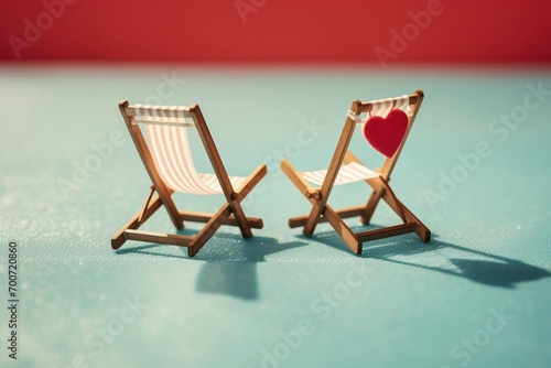 Minimalist depiction of two hearts on a deckchair evoking feelings of love and vacation. Generative AI photo