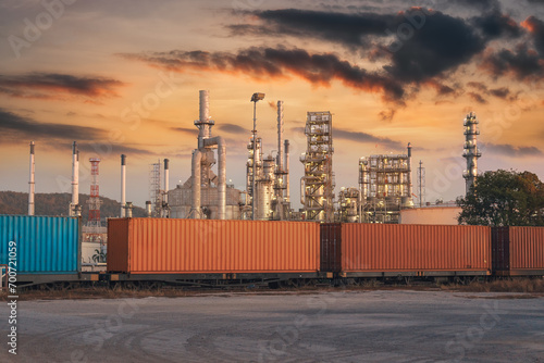 Oil refinery with a train car in the foreground and a beautiful sky in the background.