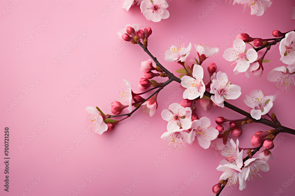 Valentine's Day. greeting card template for wedding mothers or woman's day. springtime composition. a pink background lined with colorful blossoms and branches, in the style of poster