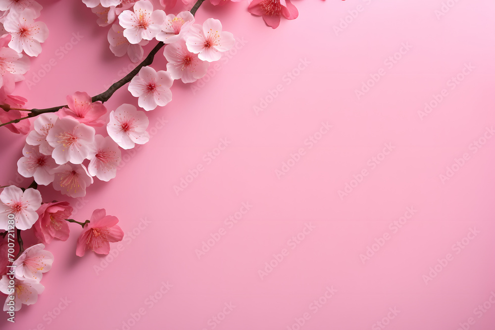 Valentine's Day. greeting card template for wedding mothers or woman's day. springtime composition. cherry blossoms border on pink background, in the style of textured compositions, poster