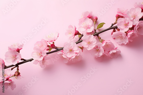 Valentine s Day. greeting card template for wedding mothers or woman s day. springtime composition. sakura blossom tree branch with pink flowers on a pink background  in the style of poster
