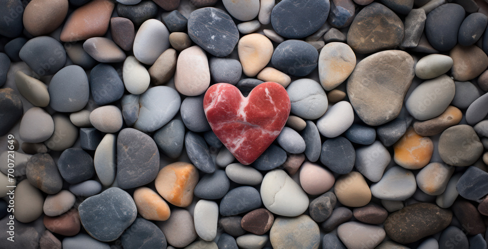 A single red heart-shaped stone stands out amidst a variety of smooth river pebbles A single red heart-shaped stone stands out amidst a variety of smooth river pebbles
