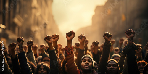 Unity and Strength in Protest. Raised fists against a hazy, golden cityscape symbolize solidarity and collective power during a peaceful demonstration. photo