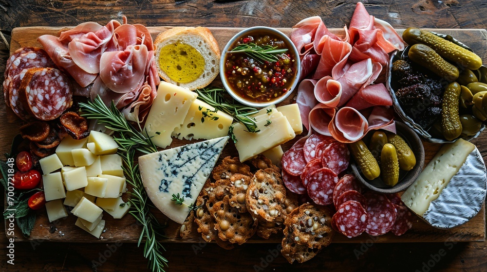 Fototapeta premium An artfully arranged charcuterie board featuring an assortment of deli meats, cheeses, pickles, and mustard, creating a visually appealing appetizer. [Deli Meats]
