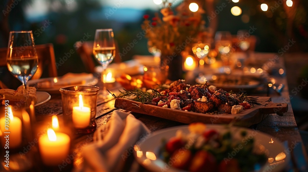 A romantic dinner scene with candles and a spread of Greek mezes, creating a cozy and intimate atmosphere for enjoying authentic Greek flavors. [Greek Cuisine]