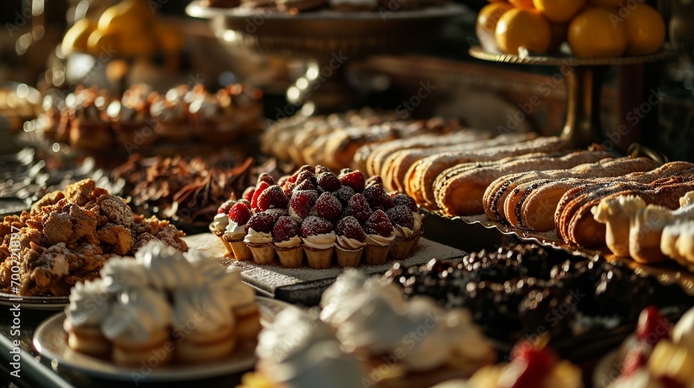 A tempting display of cannoli, tiramisu, and other Italian desserts, arranged on a dessert table for a sweet and indulgent treat. [Italian Cuisine]