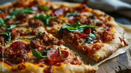 An artisanal pizza topped with pepperoni, sausage, and prosciutto, offering a savory twist on traditional deli meats in a classic Italian dish. [Deli Meats]