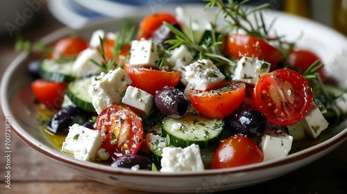 An artfully arranged Greek salad with ripe tomatoes, cucumbers, olives, feta cheese, and a drizzle of olive oil, highlighting the freshness of Mediterranean ingredients. [Greek Cui