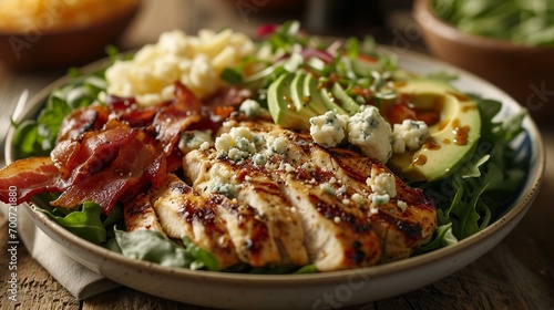 A delicatessen-inspired Cobb salad with grilled chicken, bacon, avocado, and blue cheese, creating a satisfying and flavorful meal option. [Delicatessen Meat] photo
