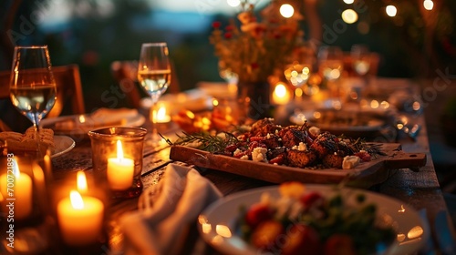 A romantic dinner scene with candles and a spread of Greek mezes  creating a cozy and intimate atmosphere for enjoying authentic Greek flavors.  Greek Cuisine 
