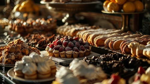 A tempting display of cannoli, tiramisu, and other Italian desserts, arranged on a dessert table for a sweet and indulgent treat. [Italian Cuisine] photo