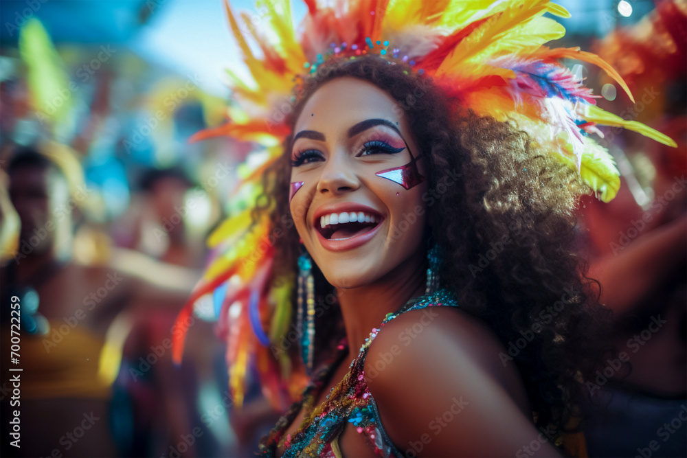 A dazzling young lady in a red suit and with a charming smile performs samba on the site of the annual carnival festival.