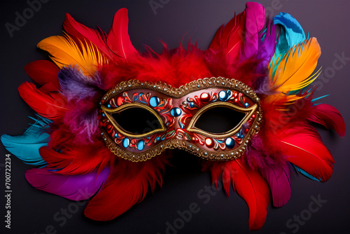 A beautiful carnival mask with colorful and bright feathers on a monochrome background.
