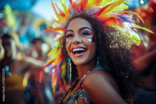 A dazzling young lady in a red suit and with a charming smile performs samba on the site of the annual carnival festival.