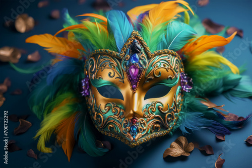 A spectacular carnival mask with colorful and shiny feathers on a dark green background