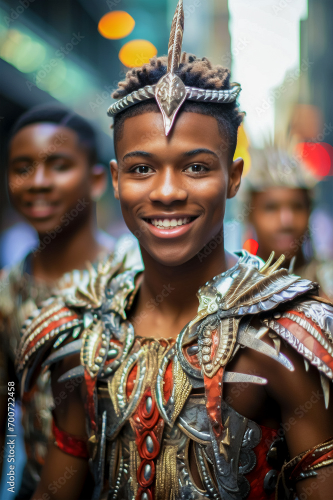 Portrait of a young guy in a brilliant and impressive carnival appearance against the background of the annual festive fun and dance celebration. Portrait of a young guy in a brilliant and impressive carnival appearance against the background of the annual festive fun and dance celebration.