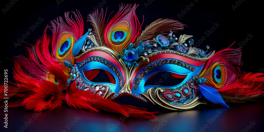 An elegant carnival half mask with colorful and sparkling feathers on a simple background.