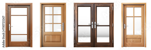 A set of different doors for apartments with transparent windows is cut out on a transparent background. Wooden doors in modern and classic style. Element to be inserted into a design or project