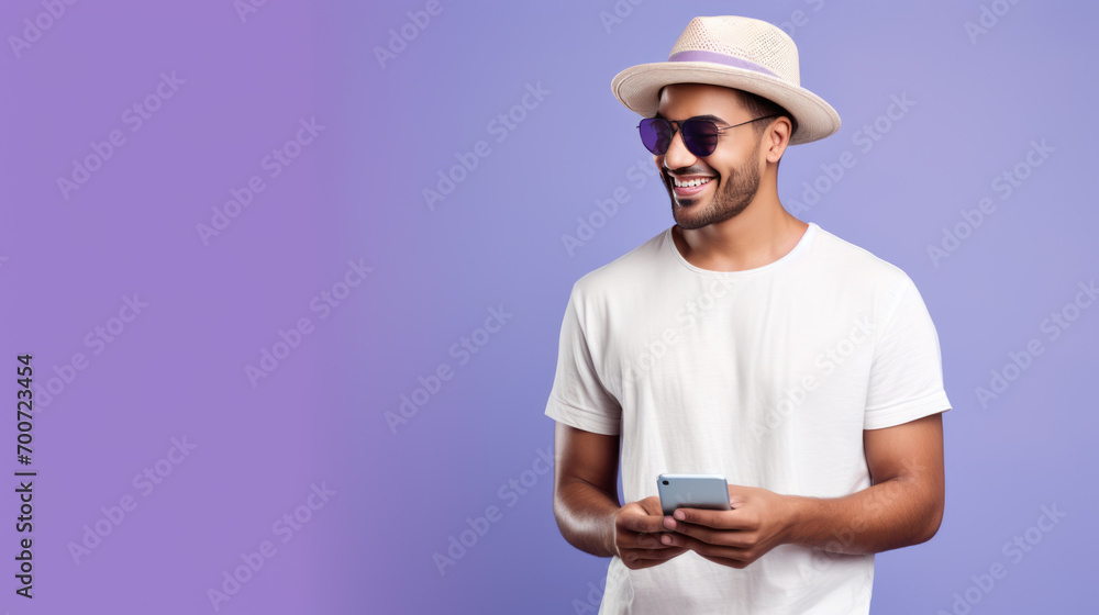 Happy man standing against a purple background and looking at his smartphone Happy man standing against a purple background and looking at his smartphone