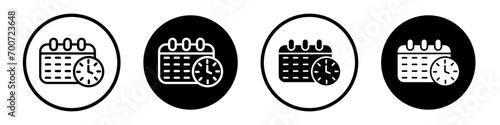 Schedule icon set. agenda deadline calendar vector symbol. meeting appointment calender icon in black filled and outlined style. photo