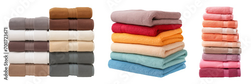 A set of towel towers are cut out on a transparent background. A set of towels of different colors and different sizes of towers on a white background. Design elements to insert into a project.