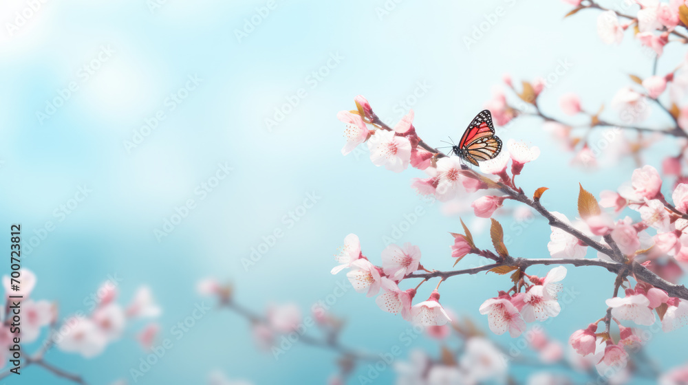 Delicate butterfly flying among soft pink cherry blossoms against a clear blue sky Delicate butterfly flying among soft pink cherry blossoms against a clear blue sky