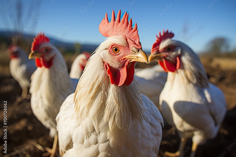 A flock of chickens stands proudly on the farm, their feathers glistening under the warm sunlight