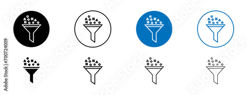 Content curation line icon set. Data funnel sign. Filter curator symbol in black and blue color.