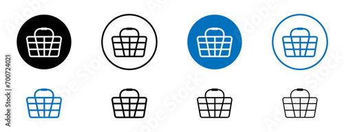 Shopping basket line icon set. Supermarket grocery purchase basket sign in black and blue color.