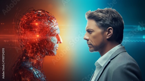 human person meets AI-robot in confrontation and communication