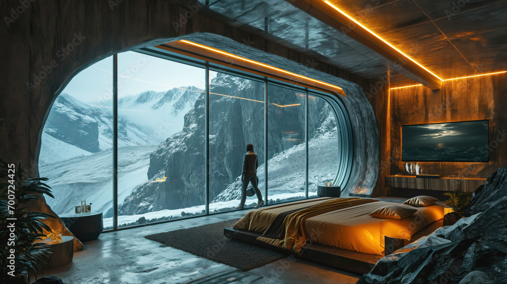 Obraz na płótnie The interior of a futuristic hotel room with AI assistants in the icefields w salonie