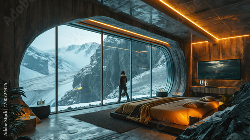 The interior of a futuristic hotel room with AI assistants in the icefields photo