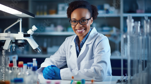 Confident female scientist with glasses is smiling at the camera, standing in a laboratory with a microscope and other scientific equipment in the background.