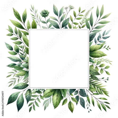 A square watercolor frame green leaves on transparent background photo