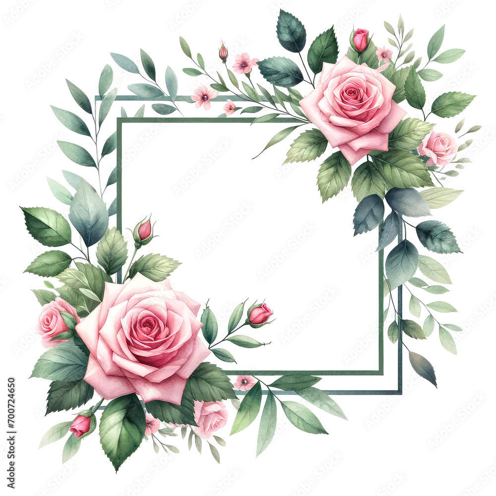 A square watercolor frame pink roses and leaves on transparent background