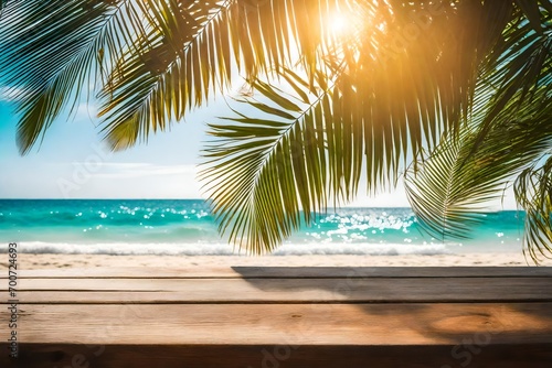 Empty wooden table and palm leaves with party on beach blurred background in summer time. 
