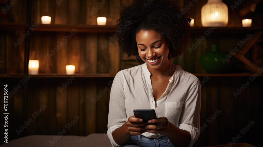 Happy young woman using a smartphone while comfortably seated on a couch