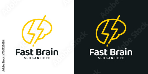 Think fast logo design template. Brain logo with lightning bolt design graphic vector. Symbol, icon, creative.