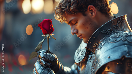 romantic hero - a beautiful young knight in silver armor  holds one red rose in his hand photo