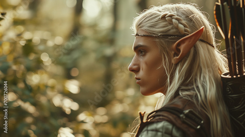 The romantic hero - beautiful young forest male elf with pointed ears, long blond hair, and a bow and arrow. medieval, fantasy aesthetics photo