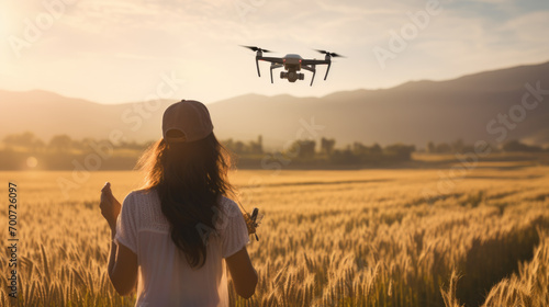 Woman in a field at sunset, operating a drone, which symbolizes modern agricultural technology and innovation.