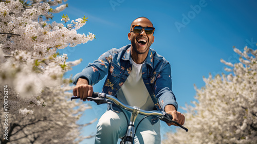 Man joyfully riding a bicycle on a road lined with blossoming white cherry trees under a clear blue sky.