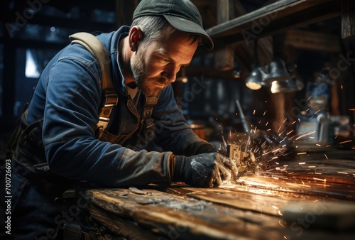 A rugged blue-collar artisan, dressed in protective clothing, skillfully wields a welding grinder in an indoor factory, creating a symphony of sparks as he transforms a simple piece of wood into a wo