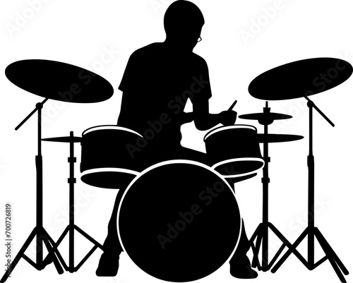 A drummer musician drumming drums in detailed silhouette. AI generated illustration.