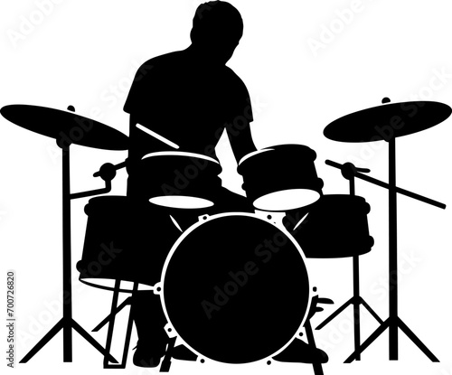 A drummer musician drumming drums in detailed silhouette. AI generated illustration.