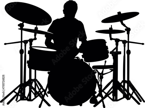 A drummer musician drumming drums in detailed silhouette. AI generated illustration.