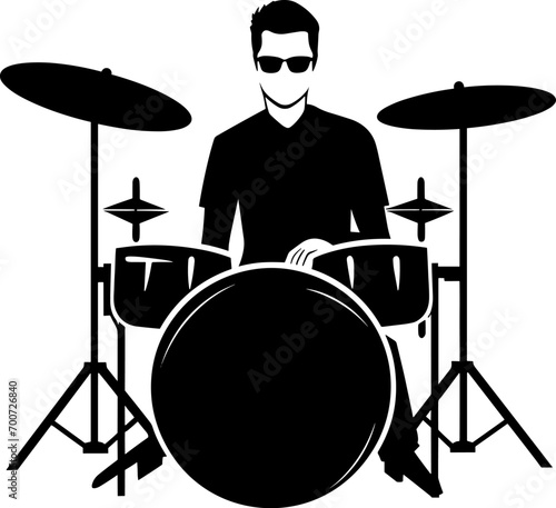 A drummer musician drumming drums in detailed silhouette. AI generated illustration.