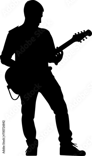 A guitarist musician in detailed silhouette playing his guitar musical instrument. AI generated illustration.