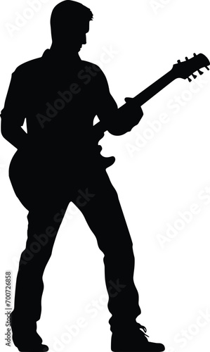 A guitarist musician in detailed silhouette playing his guitar musical instrument. AI generated illustration.