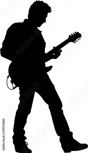 A guitarist musician in detailed silhouette playing his guitar musical instrument. AI generated illustration.